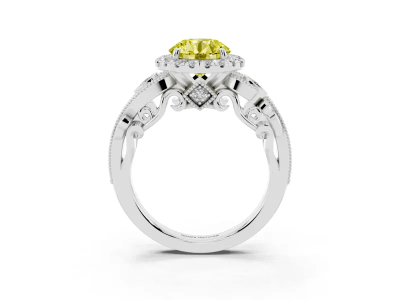 Fancy Yellow Round Cut Diamond Halo Ring Set in White gold with Milgrain Pavé Band and Prong Setting