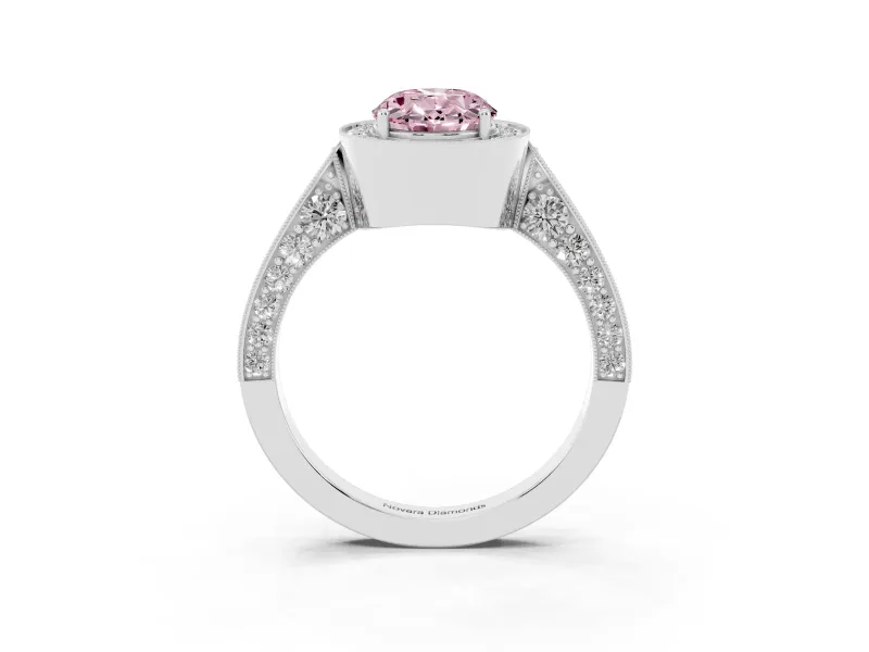 Oval Milgrain Halo Engagement Ring Setting for a Fancy Pink Lab-Grown Diamond | Side Stones | Sterling Silver