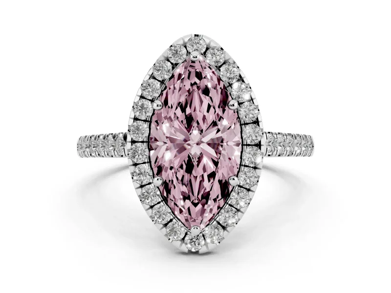 Fancy Pink Marquise Cut Diamond Halo Pavé Engagement Ring Set in White gold with Prong Setting