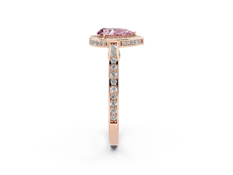 Fancy Pink Pear Cut Diamond Halo Pavé Split Shank Ring Set in Rose gold with Prong Setting