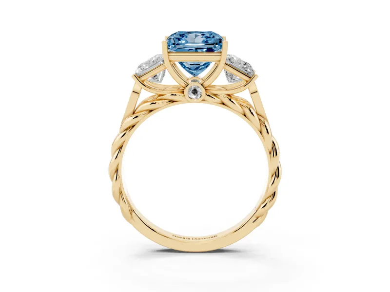 Fancy Blue Princess Cut Diamond Three-Stone Ring Set in Yellow gold with Braided Band