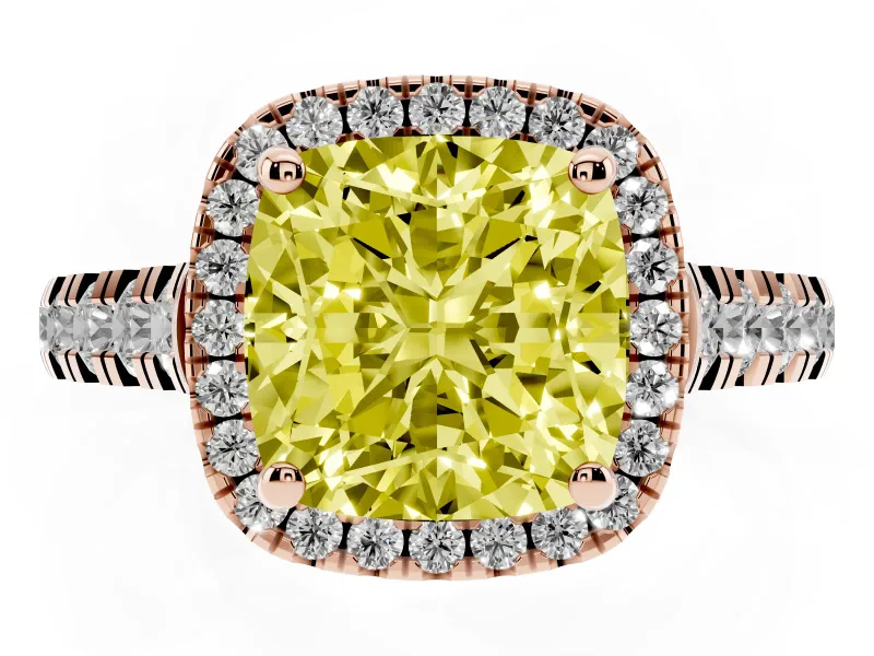 Cushion Cut Accented Halo Engagement Ring Setting for a Fancy Yellow Lab-Grown Diamond | Rose Gold