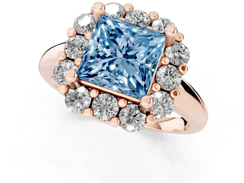 Princess Cut Cluster Halo Engagement Ring Setting for a Fancy Blue Lab-Grown Diamond | Large Round Accents | Rose Gold