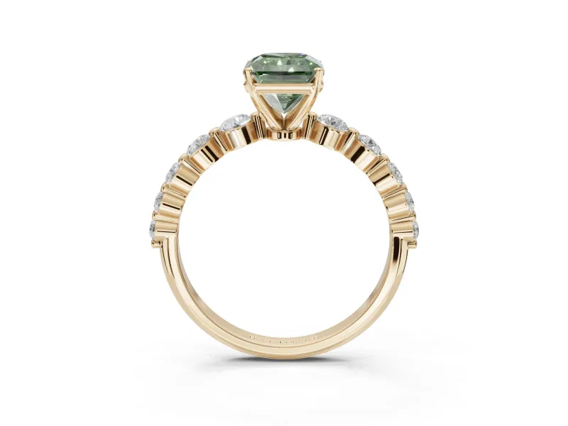 Radiant Cut Graduated Side Stone Engagement Ring Setting for a Fancy Green Lab-Grown Diamond | Yellow Gold