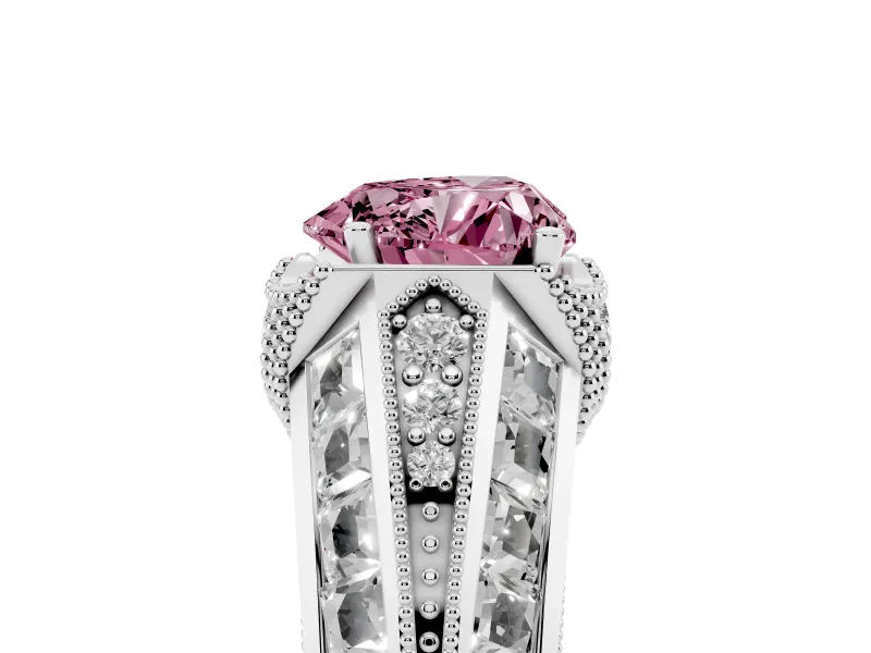 Fancy Pink Heart Cut Diamond Vintage-Inspired Milgrain Ring Set in Platinum with Accent Split Shank