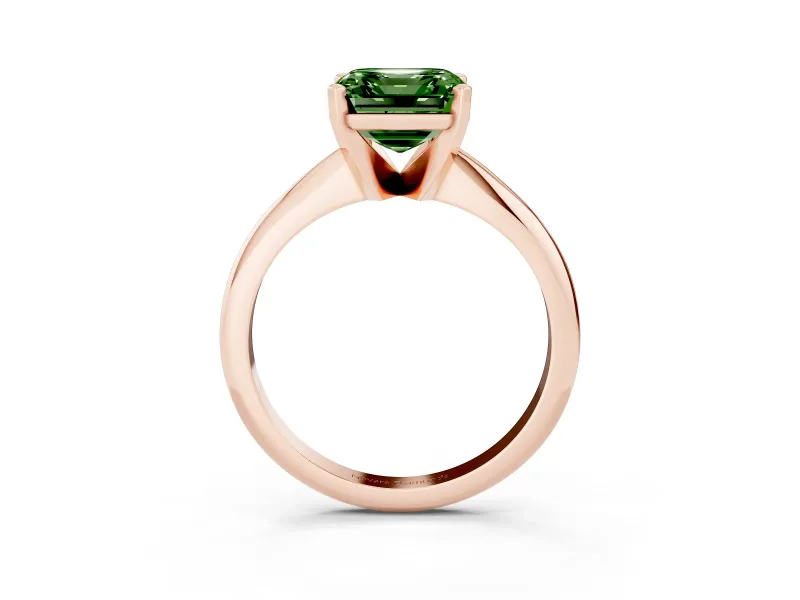 Fancy Green Asscher Cut Diamond Solitaire Ring Set in Rose gold with Prong Setting on a Plain Round Band