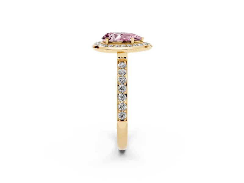 Pear-Shaped Bezel-Rim Halo Engagement Ring Setting for a Fancy Pink Lab-Grown Diamond | Pave Band | Yellow Gold