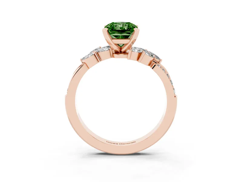 Fancy Green Radiant Cut Diamond Solitaire Ring Set in Rose gold with Marquise Twist Band and Prong Setting