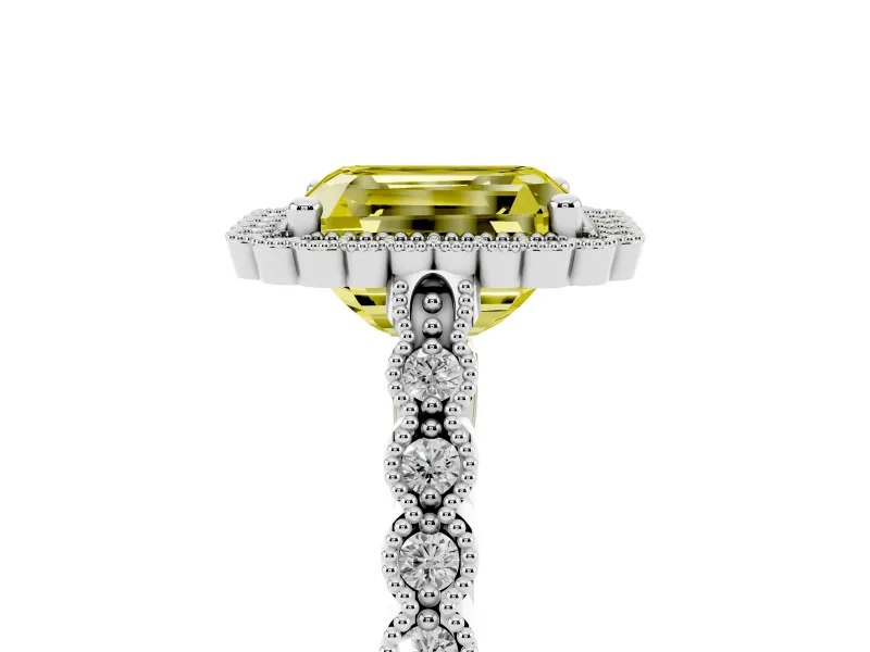 Radiant Cut Milgrain Halo Engagement Ring Setting for a Fancy Yellow Lab-Grown Diamond | Beaded Shoulders | White Gold