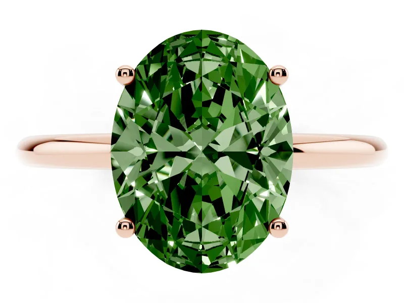 Fancy Green Oval Cut Diamond Solitaire Engagement Ring Set in Rose gold with Thin Band and Prong Setting