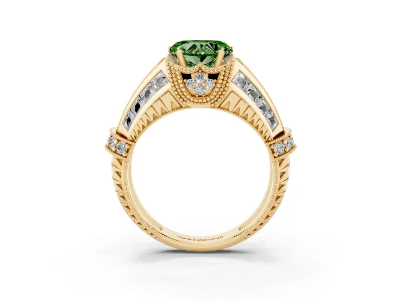 Heart-Shaped Vintage Milgrain Engagement Ring Setting for a Fancy Green Lab-Grown Diamond | Hidden Halo | Yellow Gold