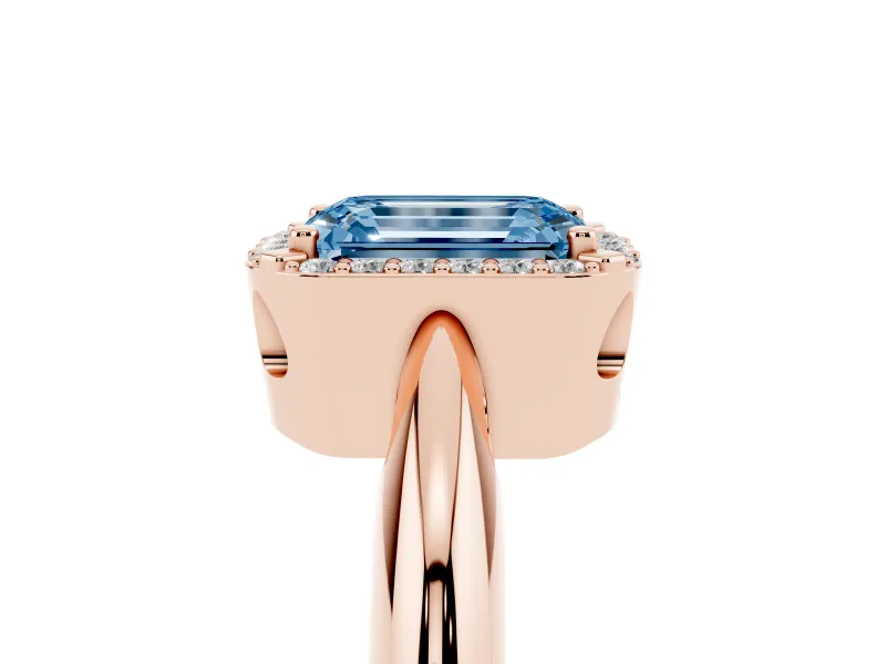 Fancy Blue Emerald Cut Diamond Halo Engagement Ring Set in Rose gold with Plain Split Shank and Prong Setting