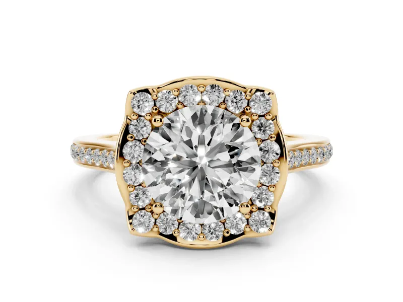 Round Cut Diamond Halo Ring Set in Yellow gold with Pavé-Lined Shoulders and Prong Setting