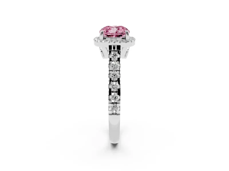 Cushion Cut Halo Engagement Ring Setting for a Fancy Pink Lab-Grown Diamond | Shared Prong Shoulders | Sterling Silver