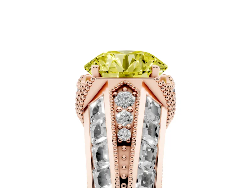 Fancy Yellow Round Cut Diamond Vintage-Inspired Milgrain Ring Set in Rose gold with Accent Split Shank