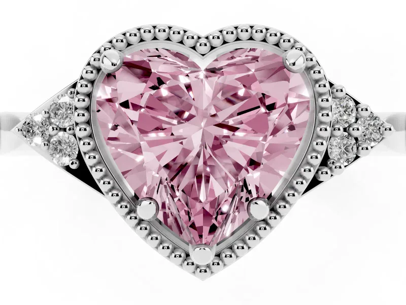 Fancy Pink Heart Cut Diamond Milgrain Solitaire Ring Set in White gold with Tapered Pavé Band and Prong Setting