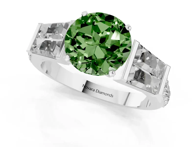 Fancy Green Round Cut Diamond Engagement Ring Set in Silver with Baguette Side Stones and Channel Set Band