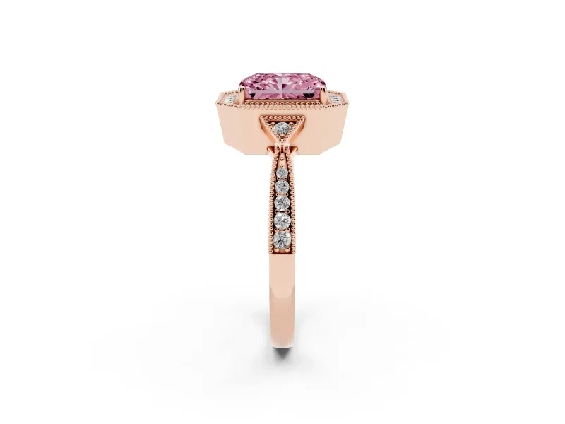 Fancy Pink Radiant Cut Diamond Halo Engagement Ring Set in Rose gold with Milgrain Pavé Band