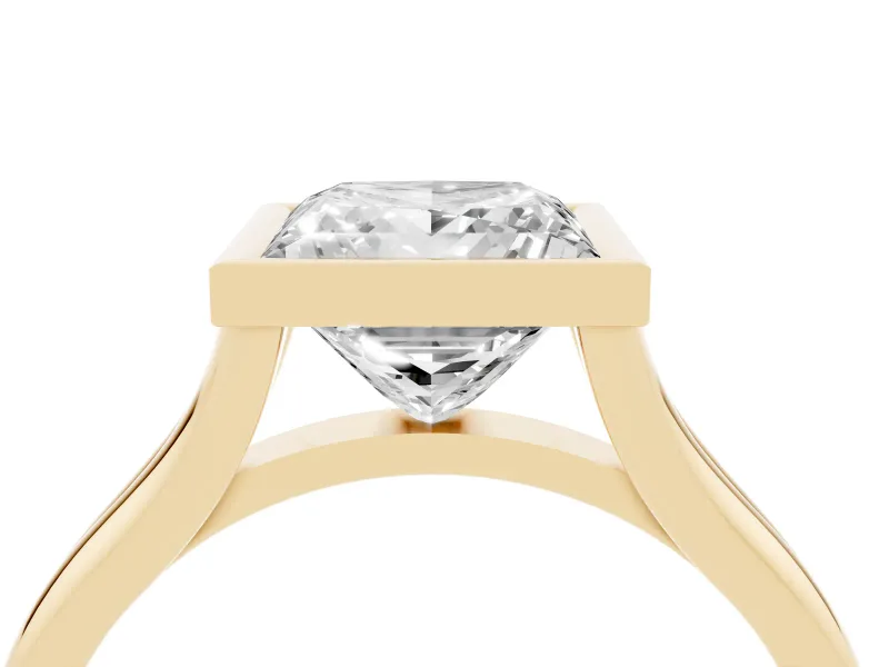 Bezel Set Princess Cut Diamond Solitaire Ring Set in Yellow gold with Tapered Band