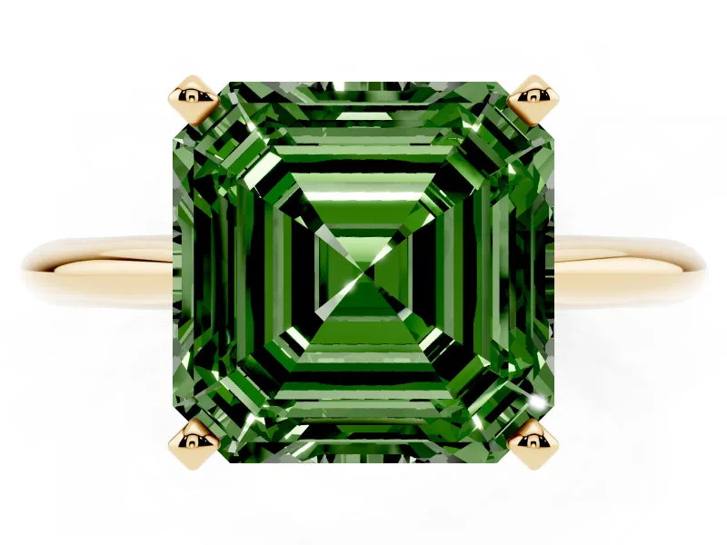 Fancy Green Asscher Cut Diamond Solitaire Ring Set in Yellow gold with Prong Setting on a Plain Round Band
