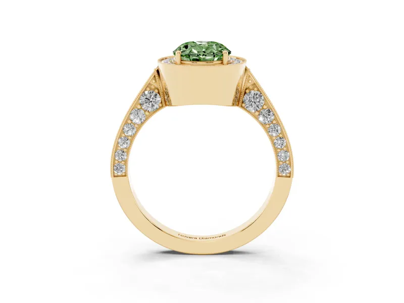 Oval Milgrain Halo Engagement Ring Setting for a Fancy Green Lab-Grown Diamond | Side Stones | Yellow Gold