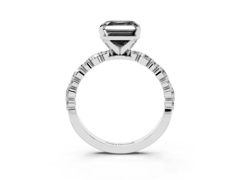 Fancy Black Asscher Cut Diamond Prong Set Engagement Ring Set in Platinum with Round Accent Pavé Band