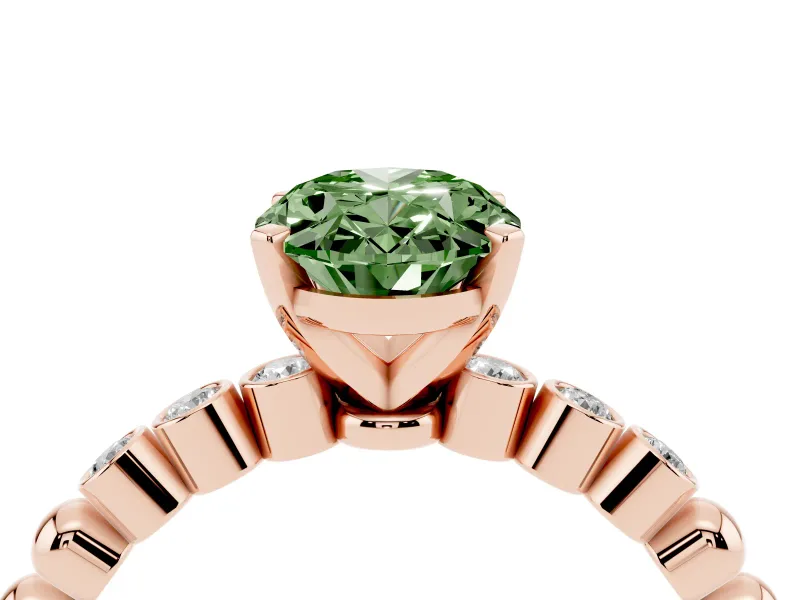 Fancy Green Oval Cut Diamond Solitaire Engagement Ring Set in Rose gold with Bezel Accents on Beaded Band