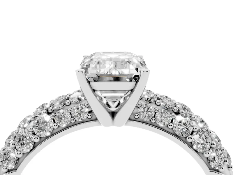 Emerald Cut Multi Row Pave Solitaire Engagement Ring Setting | Domed Shoulders | White Gold