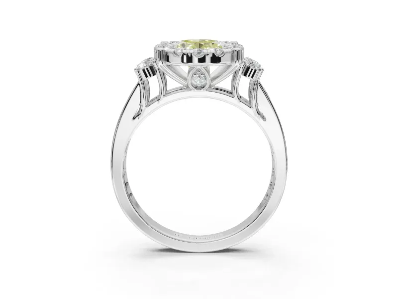 Oval Halo Engagement Ring Setting for a Fancy Yellow Lab-Grown Diamond | Side Clusters | White Gold