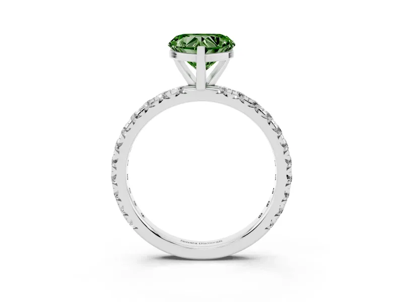 Fancy Green Heart Cut Diamond Pavé Solitaire Ring Set in Silver with Round Band and Prong Setting