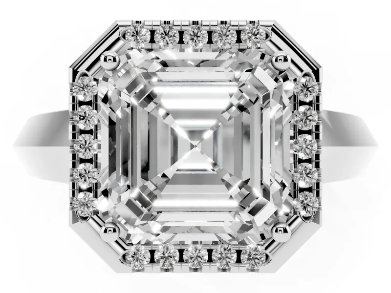 Asscher Cut Diamond Halo Ring Set in Silver with Cathedral Band and Prong Setting