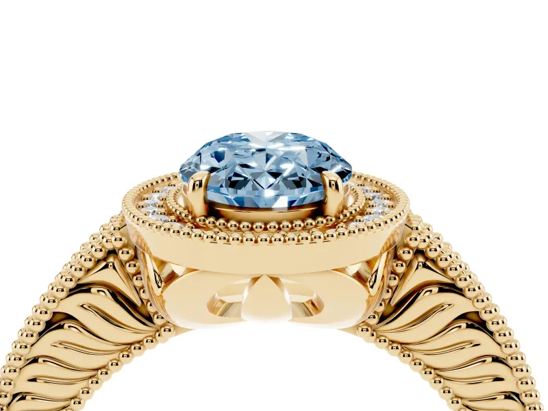 Fancy Blue Oval Cut Diamond Halo Ring Set in Yellow gold with Round Accent Halo, Pavé Band and Prong Setting