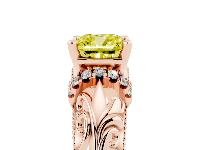 Cushion Cut Filigree Engagement Ring Setting for a Fancy Yellow Lab-Grown Diamond | Rose Gold