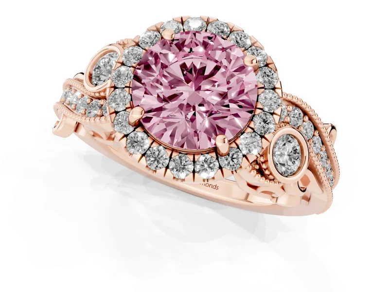 Fancy Pink Round Cut Diamond Halo Ring Set in Rose gold with Milgrain Pavé Band and Prong Setting