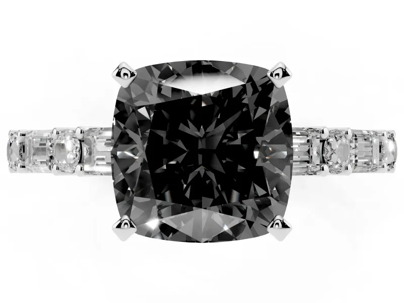 Cushion Cut Baguette Side Stone Engagement Ring Setting for a Black Center | White Gold