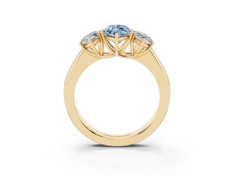 Fancy Blue Three-Stone Marquise Cut Diamond Ring Set in Yellow gold with Matching Prong Settings and Plain Band