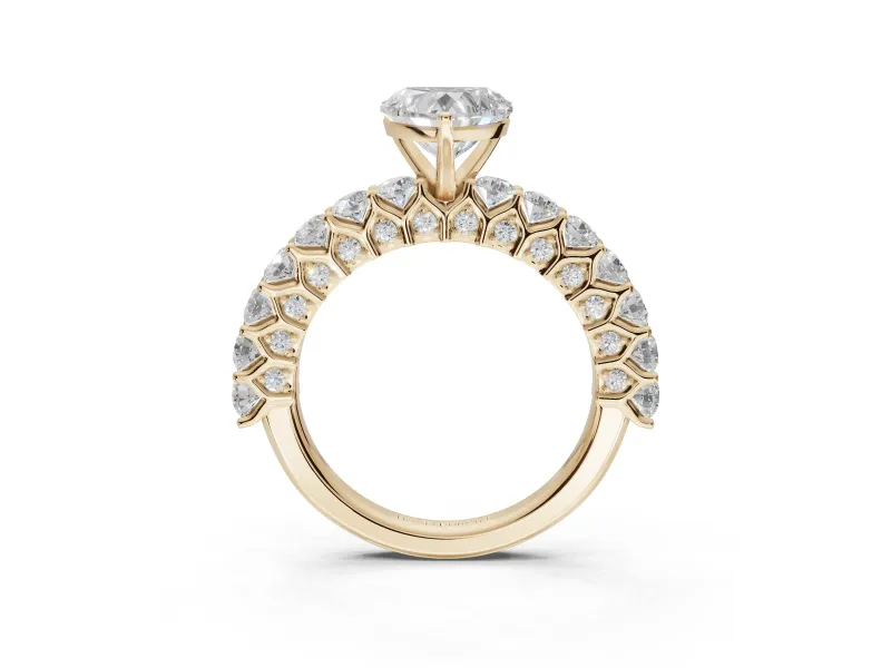 Heart-Shaped Shared Prong Engagement Ring Setting | Two-Row Band | Yellow Gold