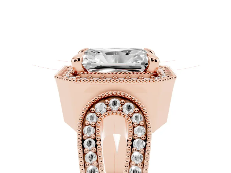 Radiant Cut Vintage Milgrain Halo Engagement Ring Setting | Open Loop Pave Shoulders | Rose Gold