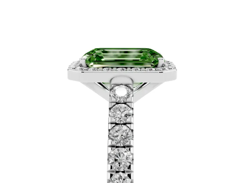 Fancy Green Emerald Cut Diamond Halo Engagement Ring Set in Platinum with Pavé Band and Prong Setting