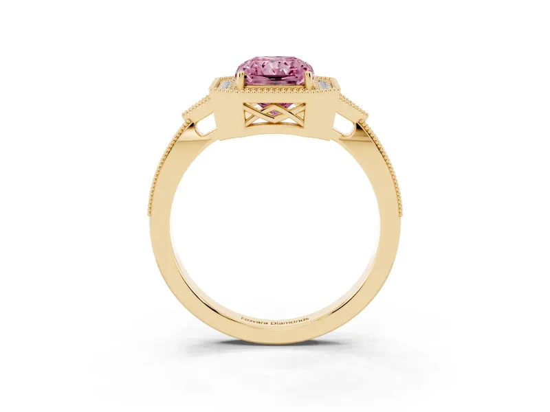 Fancy Pink Radiant Cut Diamond Halo Engagement Ring Set in Yellow gold with Milgrain Pavé Band