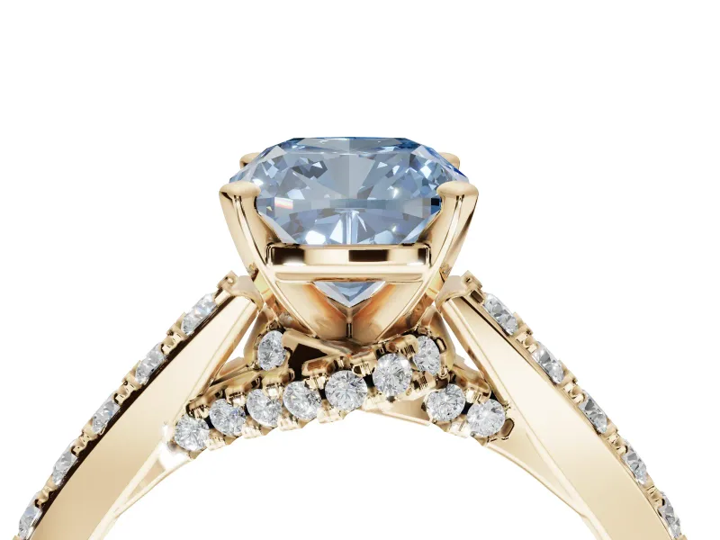 Cushion Cut Pavé Solitaire Engagement Ring Setting for a Fancy Blue Lab-Grown Diamond | Crossover Gallery | Yellow Gold