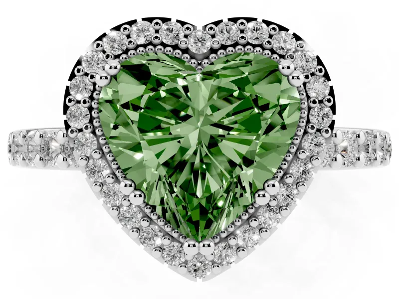 Fancy Green Heart Cut Diamond Halo Engagement Ring Set in Silver with Milgrain Detail and Pavé Band