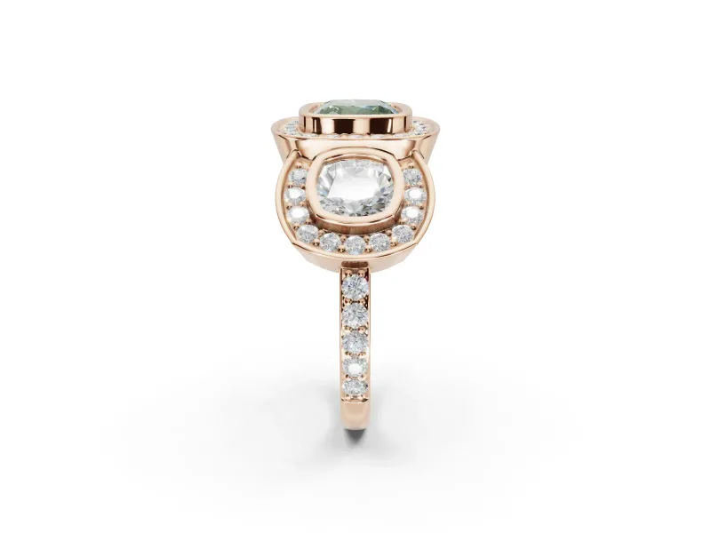 Cushion Cut Three Stone Halo Engagement Ring Setting for a Fancy Green Lab-Grown Diamond | Rose Gold