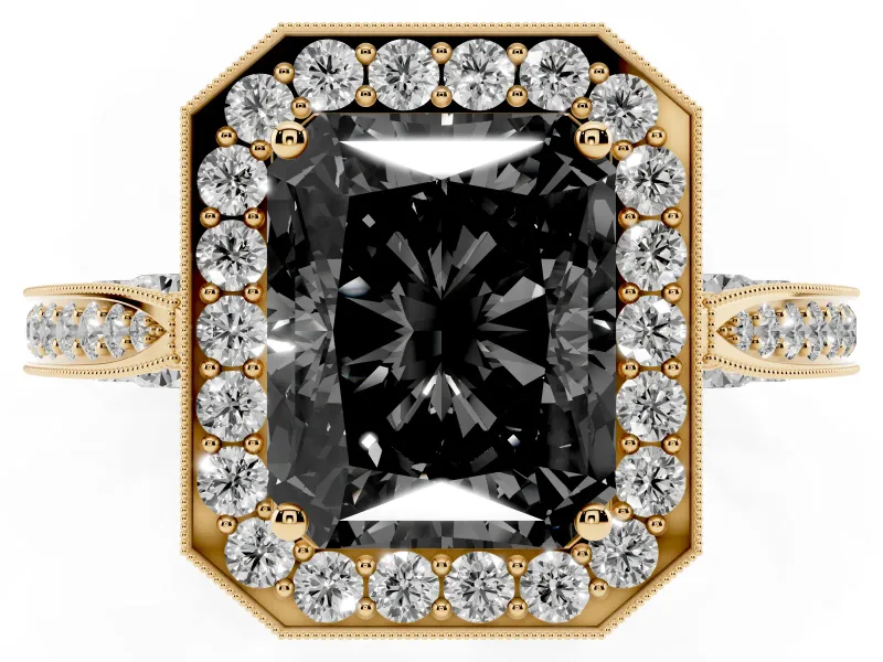 Radiant Cut Milgrain Halo Engagement Ring Setting for a Black Center | Side Stones | Yellow Gold