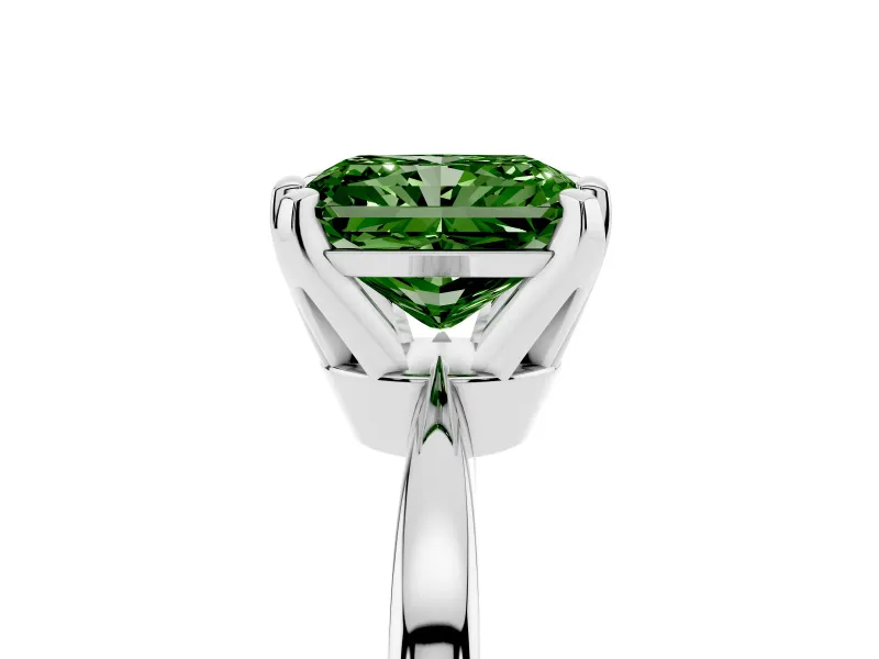 Fancy Green Radiant Cut Diamond Solitaire Engagement Ring Set in Platinum with Slim Tapered Solitaire Band