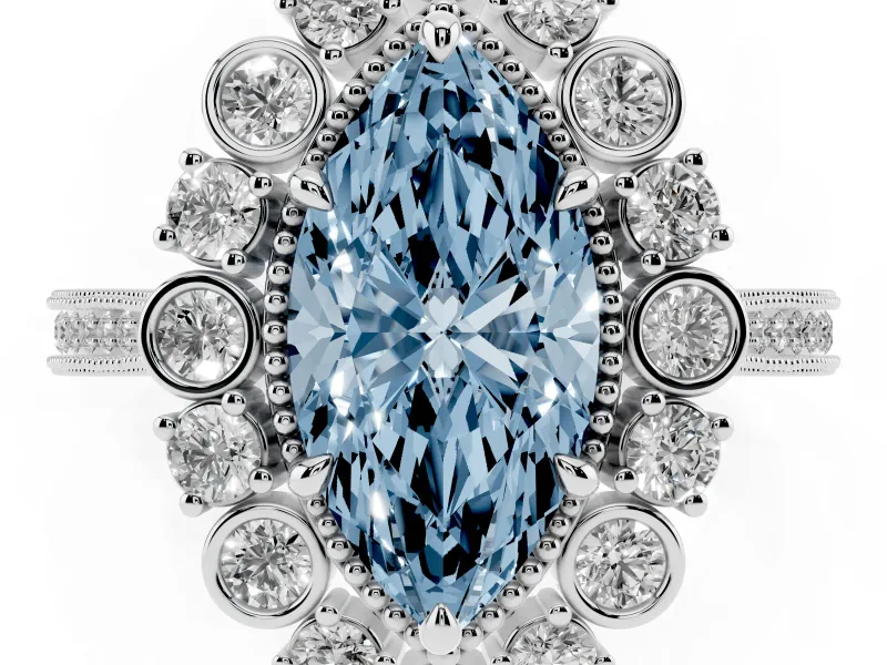 Fancy Blue Marquise Cut Diamond Halo Milgrain Pavé Ring Set in Platinum with Prong Setting