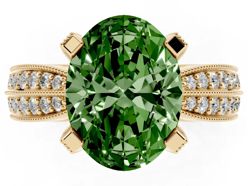Oval Milgrain Solitaire Engagement Ring Setting for a Fancy Green Lab-Grown Diamond | Yellow Gold