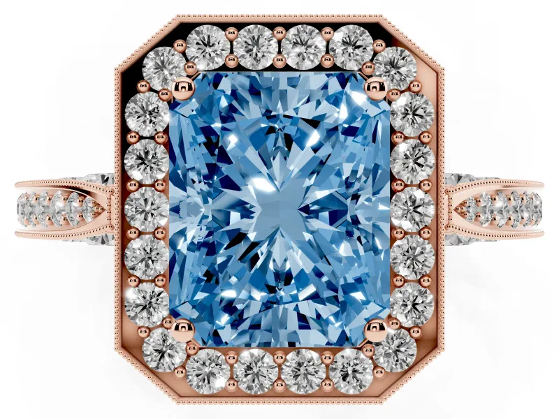Radiant Cut Milgrain Halo Engagement Ring Setting for a Fancy Blue Lab-Grown Diamond | Side Stones | Rose Gold