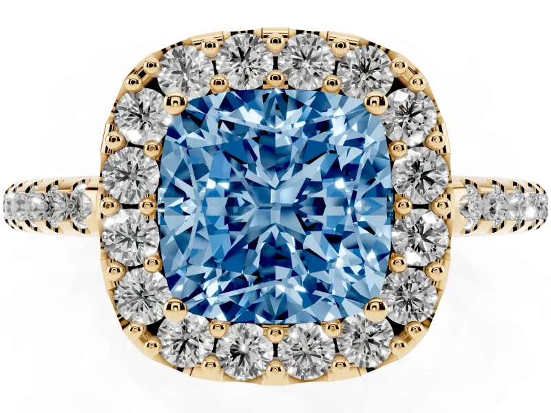 Cushion Cut Pave Halo Engagement Ring Setting for a Fancy Blue Lab-Grown Diamond | Pave Band | Yellow Gold