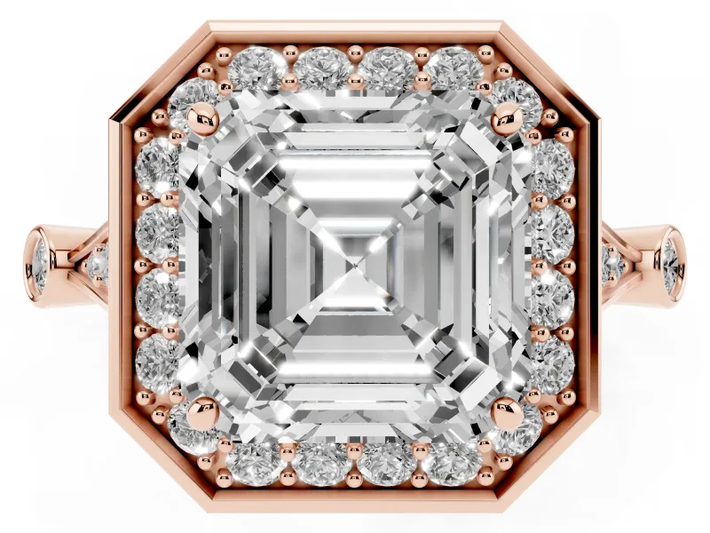 Asscher Cut Vintage Halo Engagement Ring Setting | Bezel Station Shoulders | Rose Gold